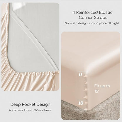 MR&HM Satin Bed Sheets, Queen Size Sheets Set, 4 Pcs Silky Bedding Set with 15 Inches Deep Pocket for Mattress (Queen, Beige)