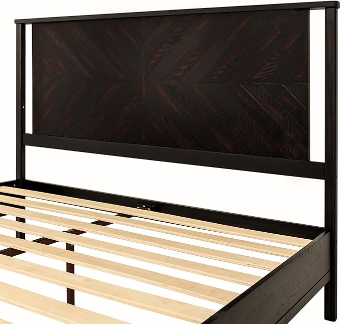Bme Vivian 14 Inch Deluxe Bed Frame with Headboard, Rustic & Scandinavian Style with Solid Acacia Wood, No Box Spring Needed, 12 Strong Wood Slat Support, Easy Assembly, King, Rustic Black