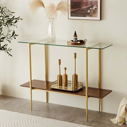 Glass Console Table for Living Room, Foyer & Entrance, 2-Tiers Mid-Century Modern Sofa Table with Clear Glass Top, Walnut Finish Wood Top and Gold Finish Metal Frame