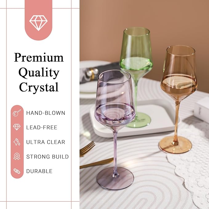 Physkoa 15oz Colored Wine Glasses Set of 6 – Elegant Long Stem Glassware for Wine, Party, Dinner, Housewarming, Birthday or Holiday Gift