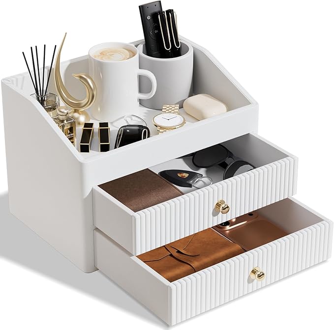 Desk Organizer,Beige White Vegan Leather Desk Accessories & Workspace Organizers with 2 Drawers Key Holder with Gold-Tone Metal Accents knob，Jewelry Box,Nightstand