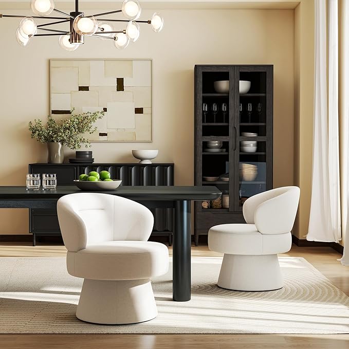 360° Swivel Accent Chairs, Modern Chenille Upholstered Boucle Dining Chair with Back, Vanity Chair Accent Armchair Side Chairs for Dining/Living Room, Bedroom, White