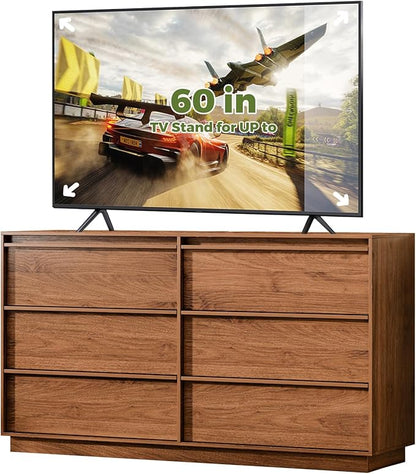 55.12" Modern Chest of Drawer, 6 Deep Drawers,Clothes Organizer,Large Storage Cabinet for Living Room, Bedroom,Dresser TV Stand, Wood Drawer Organizer for Living Room, Hallway, Brown