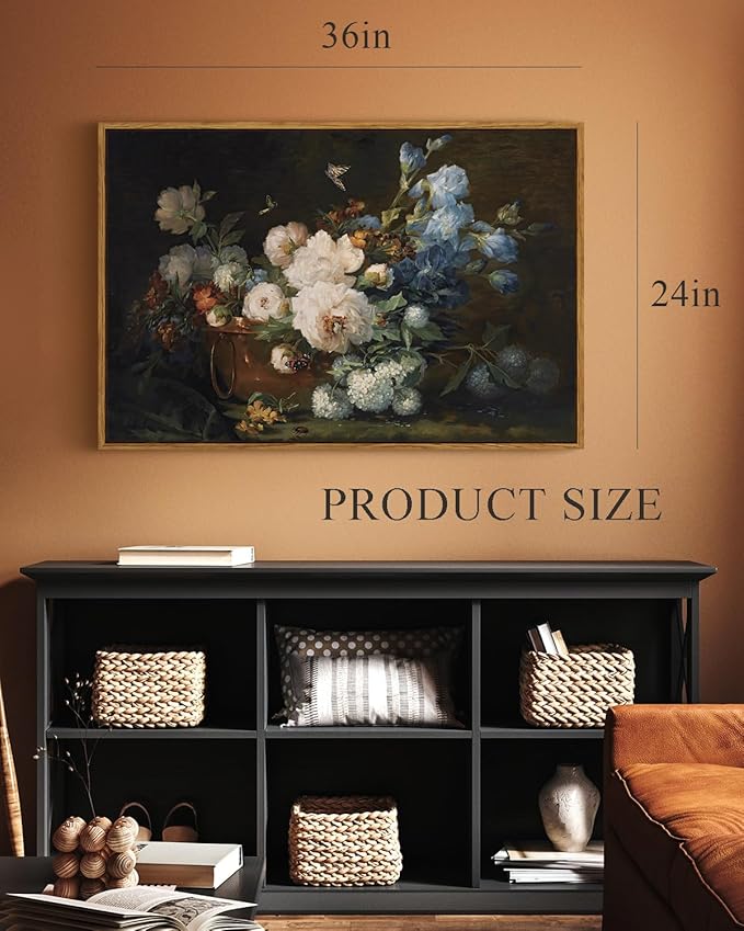 ARPEOTCY Vintage Framed Canvas Wall Art, Bathroom Hydrangea Peonies Floral Pictures Retro Wall Decor, Large Prints, Bedroom Living Room Flower Paintings Farmhouse Moody Home Decorations, 24x36 Inch