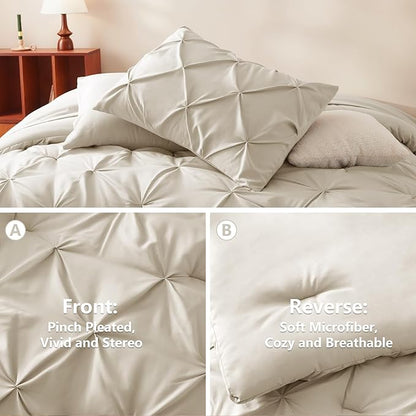 CozyLux Full Size Comforter Sets Oatmeal, 7 Pieces Pintuck Bed in A Bag Oatmeal Comforter Full Size, Pinch Pleat Bedding Sets with All Season Comforter, Sheets, Pillowcases & Shams
