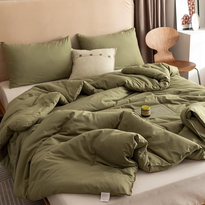 ROSGONIA Queen Comforter Set Olive Green, 3pcs Bedding Sets Queen (1 Boho Olive Comforter & 2 Pillowcases), All Season Lightweight Quilt