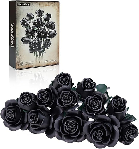 iATOM Black Rose Bouquet Building Set, Compatible with Lego Flowers for Adults - Halloween Artificial Flowers Kit, Gothic Horror Retro Botanical Collection Home Decor - IA11001