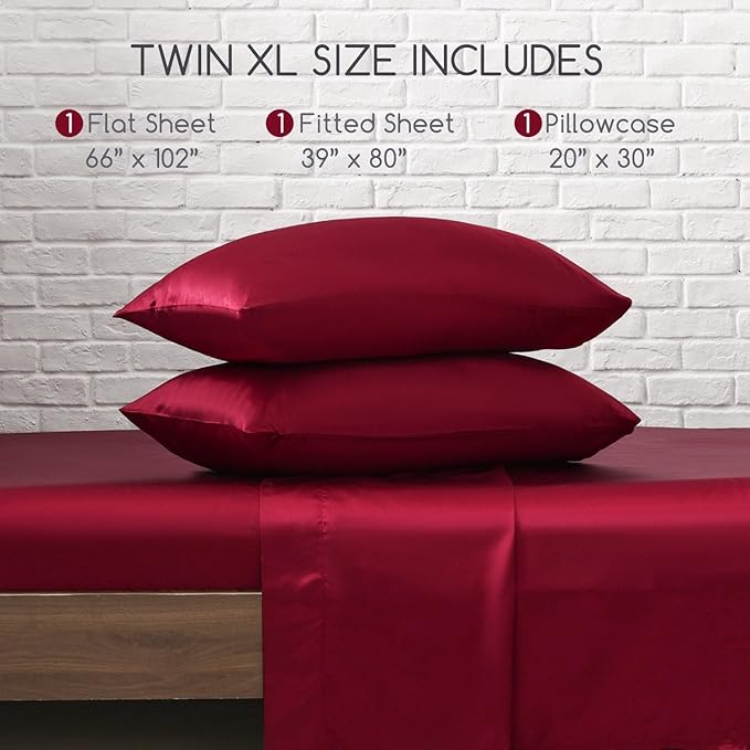MR&HM Satin Bed Sheets, Twin XL Size Sheets Set, 3 Pcs Silky Bedding Set with 15 Inches Deep Pocket for Mattress (Twin XL, Burgundy)