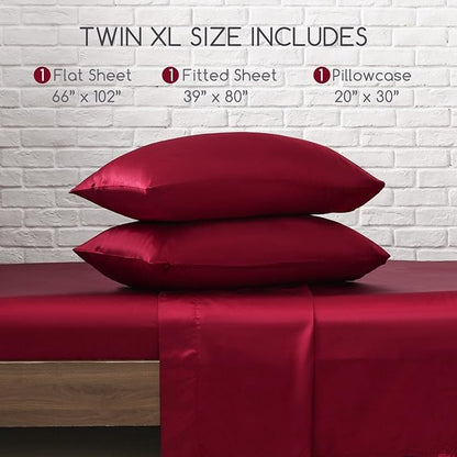 MR&HM Satin Bed Sheets, Twin XL Size Sheets Set, 3 Pcs Silky Bedding Set with 15 Inches Deep Pocket for Mattress (Twin XL, Burgundy)