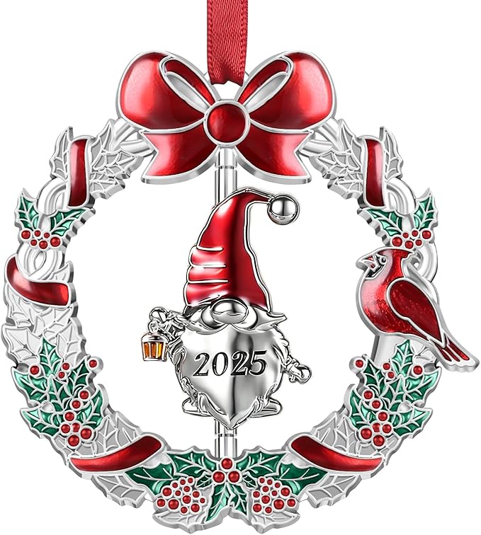 Christmas Ornament 2025 for Xmas Tree Decorations - 2025 Santa Gnome Christmas Wreath Ornament with Rotatable Gnome for Holiday Decoration Keepsake Gift