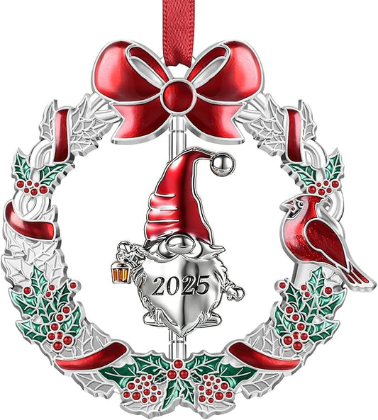 Christmas Ornament 2025 for Xmas Tree Decorations - 2025 Santa Gnome Christmas Wreath Ornament with Rotatable Gnome for Holiday Decoration Keepsake Gift