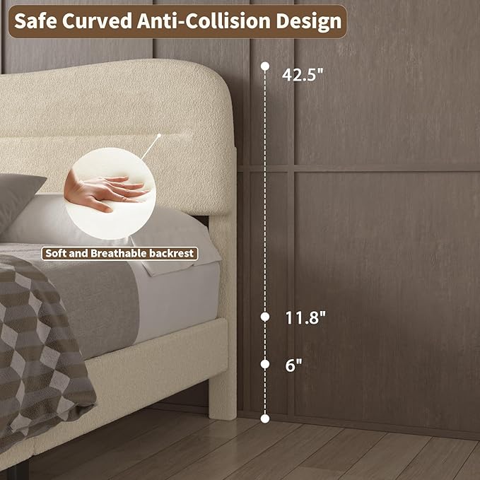 Twin Bed Frames with Headboard, Upholstered Bed Frame Twin, Teddy Soft Boucle Fabric Twin Size bedframes, Soft Cloud Marshmallow Shape Upholstered Headboard, No Box Spring Needed, Noise Free (Beige)