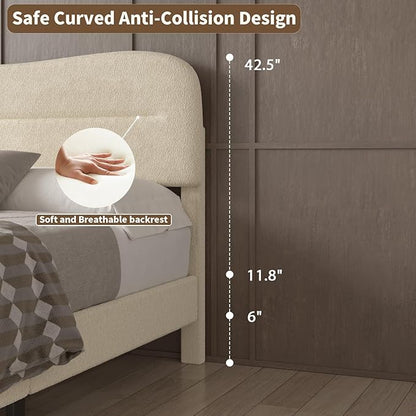 Twin Bed Frames with Headboard, Upholstered Bed Frame Twin, Teddy Soft Boucle Fabric Twin Size bedframes, Soft Cloud Marshmallow Shape Upholstered Headboard, No Box Spring Needed, Noise Free (Beige)