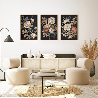 HOURIA Large Moody Dark Flower Framed Canvas Wall Art,Retro Beige Red Peony Wall Decor,Vintage Textured Blossom Botanical Artwork,Natural Wildflower Art Print for Living Room,Bedroom,Office-24 x36 x3