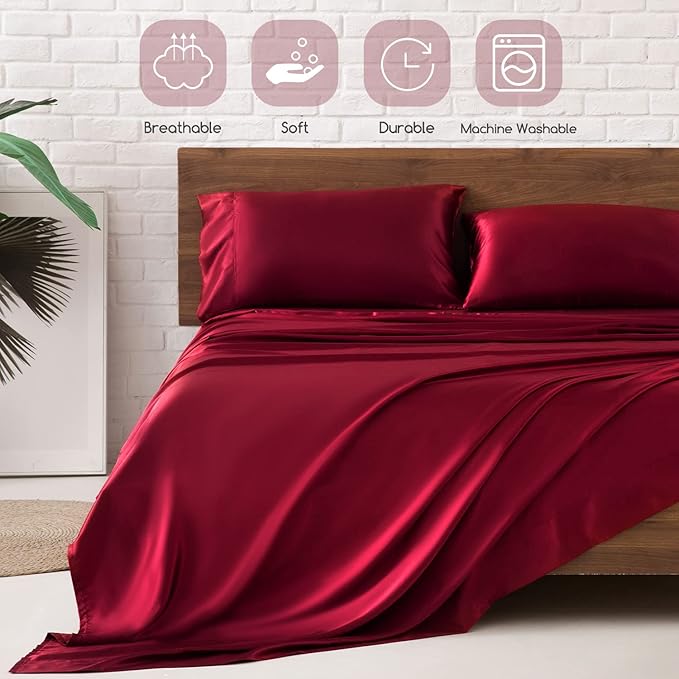 MR&HM Satin Bed Sheets, King Size Sheets Set, 4 Pcs Silky Bedding Set with 15 Inches Deep Pocket for Mattress (King, Burgundy)