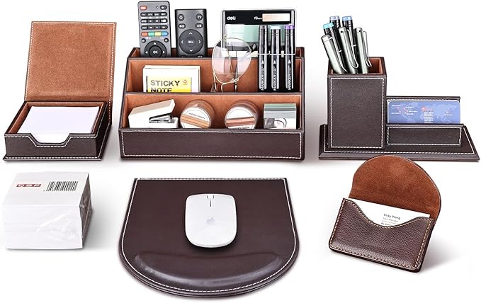 KINGFOM T31-6PCS/SET Desktop Organizer Supplies Set PU Leather Remote Control Collection Holder, Pencil Holder Box, Business Card Holder, Mouse Pad, Sticky Notes Paper and Dispenser