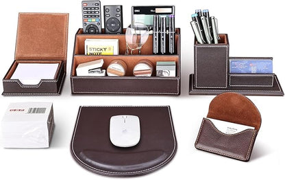 KINGFOM T31-6PCS/SET Desktop Organizer Supplies Set PU Leather Remote Control Collection Holder, Pencil Holder Box, Business Card Holder, Mouse Pad, Sticky Notes Paper and Dispenser