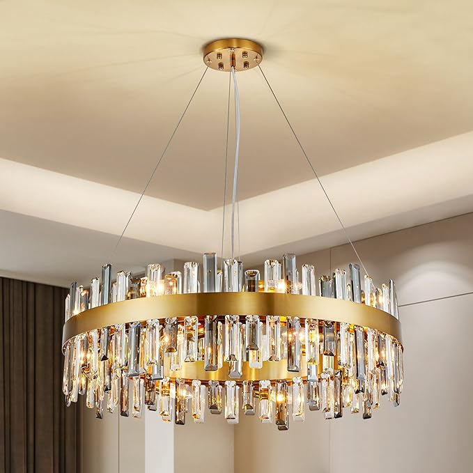 Siljoy Modern Crystal Chandelier 20 Lights Large Brushed Brass Gold Round Raindrop Chandelier Luxury 2-Tier K9 Crystal Pendant Ceiling Light for Dining Living Room Kitchen Foyer D39.4''