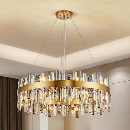 Siljoy Modern Crystal Chandelier 20 Lights Large Brushed Brass Gold Round Raindrop Chandelier Luxury 2-Tier K9 Crystal Pendant Ceiling Light for Dining Living Room Kitchen Foyer D39.4''