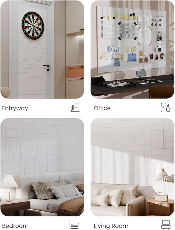 Bumusty Large Cork Board Alternative-47 x35 Felt Bulletin Board Tiles, with 30 Pushpins, 70 Adhesive Tabs, 12-Pack Slat Wall Paneling, Cork Boards for Office Push Pin Board Felt Board-Milky White