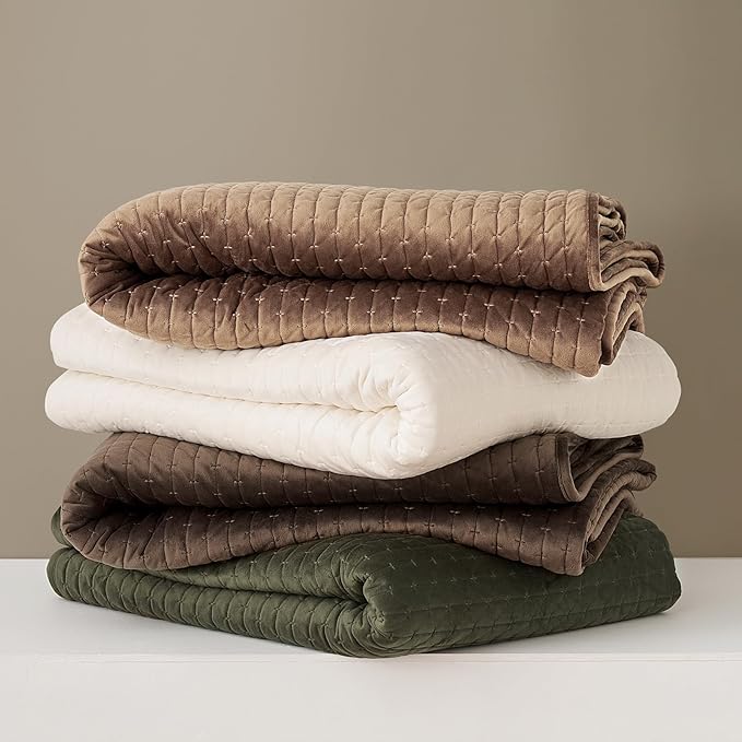 EverGrace Luxury Velvet Quilt Set Queen Size 3 Piece, Soft Cross-Stitch Velvet Comforter Set with Pillow Shams, Lightweight Coverlet Bedspread Bedding Set for All Seasons, Moss Green