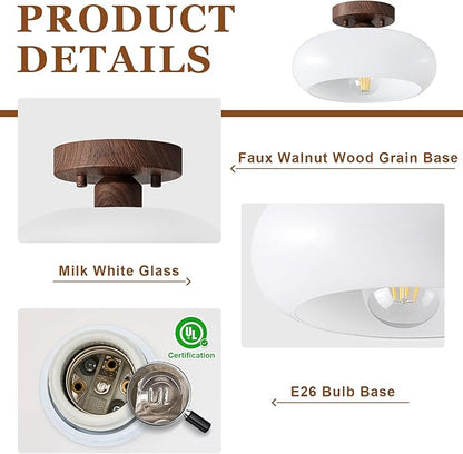 Mid-Century Modern Semi Flush Mount Ceiling Light, Faux Walnut Wood Kitchen Light Fixtures with Glass Shade, Vintage White Close to Ceiling Lamp for Entryway Hallway Bathroom (11.0 Inch)