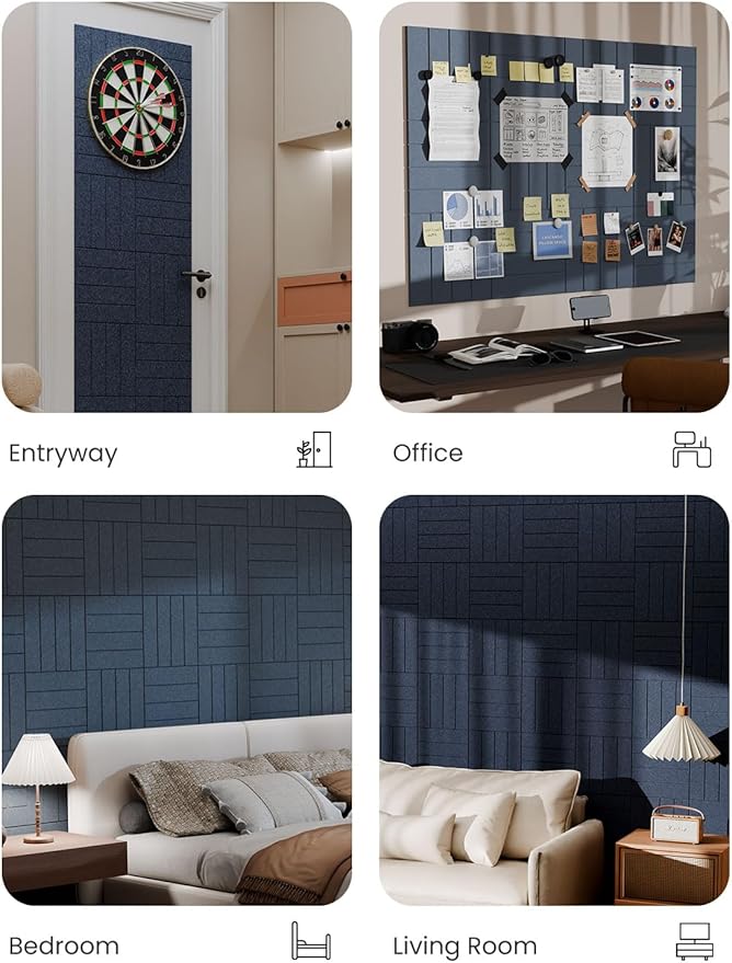 Bumusty Large Cork Board Alternative-47 x35 Felt Bulletin Board Tiles, with 30 Pushpins, 70 Adhesive Tabs, 12-Pack Slat Wall Paneling, Cork Boards for Office Push Pin Board Felt Board-Denim Blue