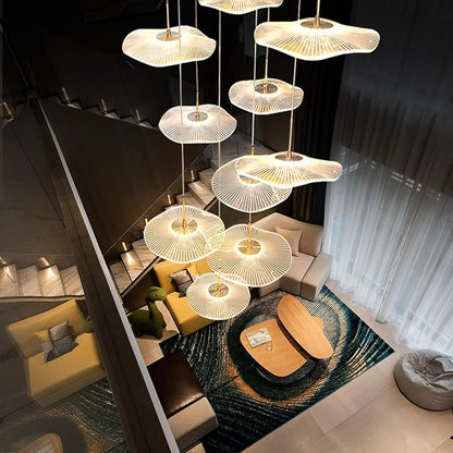 ziidoo High Ceiling Chandelier - 7-Light Dimmable Modern Gold Long Spiral Luxury Linear Lotus Leaf Led Lamp Hanging Pendant Lights for Foyer Enterway Staircase Villas