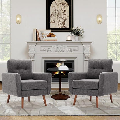 Tbfit Linen Fabric Accent Chairs Set of 2, Mid Century Modern Armchair for Living Room, Bedroom Button Tufted Upholstered Comfy Reading Accent Chair Sofa(Grey)