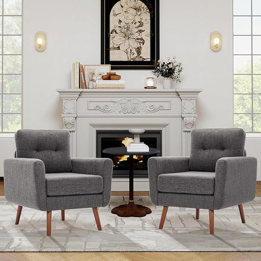 Tbfit Linen Fabric Accent Chairs Set of 2, Mid Century Modern Armchair for Living Room, Bedroom Button Tufted Upholstered Comfy Reading Accent Chair Sofa(Grey)