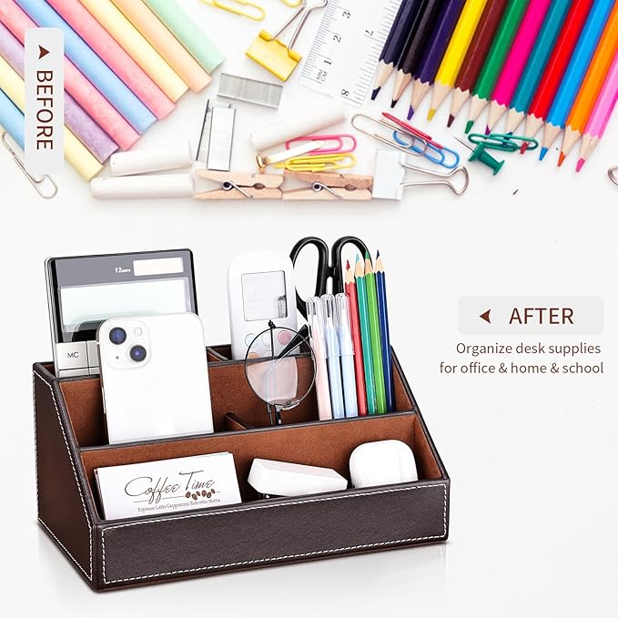 KINGFOM 5PCS Desk Organizer and Accessories Set, Pu Leather Office Supplies with Multifunction Desktop Organizer Box, Tissue Holder, Mouse Pad, Note Paper Holder, Pencil Holder for Desk Brown