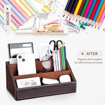 KINGFOM 5PCS Desk Organizer and Accessories Set, Pu Leather Office Supplies with Multifunction Desktop Organizer Box, Tissue Holder, Mouse Pad, Note Paper Holder, Pencil Holder for Desk Brown