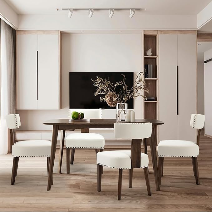 Upholstered Wooden Farmhouse Dining Chairs Set of 4, Mid-Century Modern Fabric Dining Room Chairs with Wood Legs, Curved Backrest Kitchen Armless for Living Room, Beige