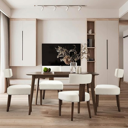 Upholstered Wooden Farmhouse Dining Chairs Set of 4, Mid-Century Modern Fabric Dining Room Chairs with Wood Legs, Curved Backrest Kitchen Armless for Living Room, Beige
