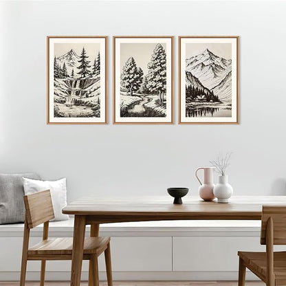 HOURIA Large Vintage Mountain Sketch Framed Canvas Wall Art Set,Modern Pine Tree Wall Decor, Natural Botanical Wall Painting,Retro Abstract Art Print for Living Room,Bedroom,Office- 24"x36"x3