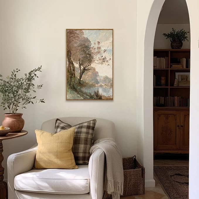 KBKBART Framed Canvas Wall Art Vintage Southwest Decor, Retro Neutral Landscape Riverside Botanical Art Prints Painting, Rustic Farmhouse Wall Decor Ready To Hang for Bedroom, Bathroom, Living Room,