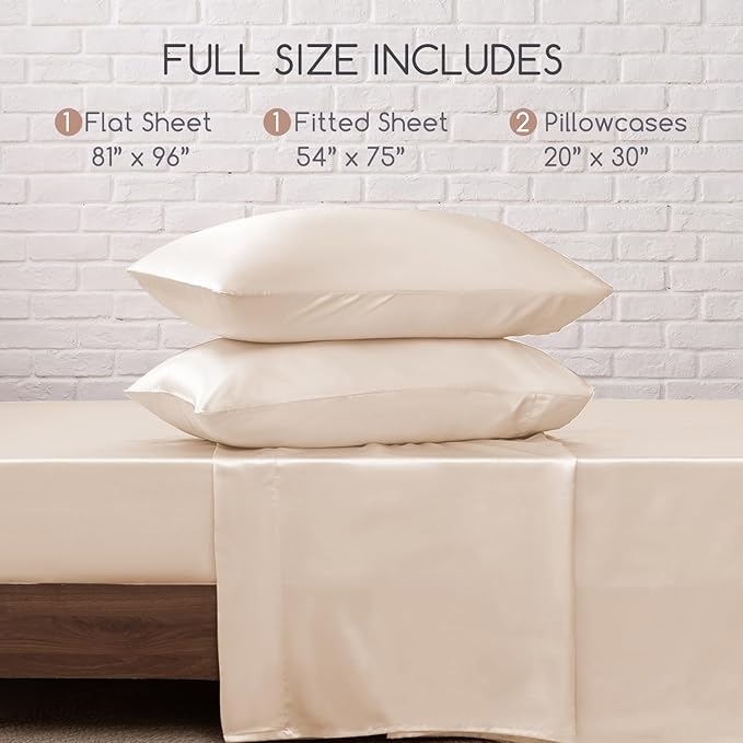 MR&HM Satin Bed Sheets, Full Size Sheets Set, 4 Pcs Silky Bedding Set with 15 Inches Deep Pocket for Mattress (Full, Beige)