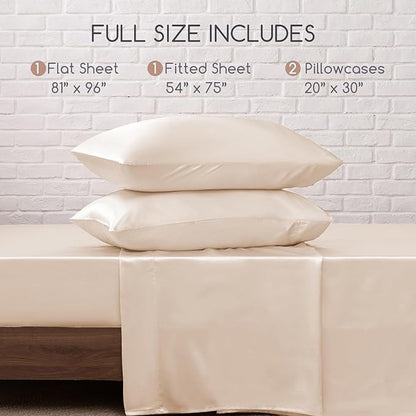 MR&HM Satin Bed Sheets, Full Size Sheets Set, 4 Pcs Silky Bedding Set with 15 Inches Deep Pocket for Mattress (Full, Beige)