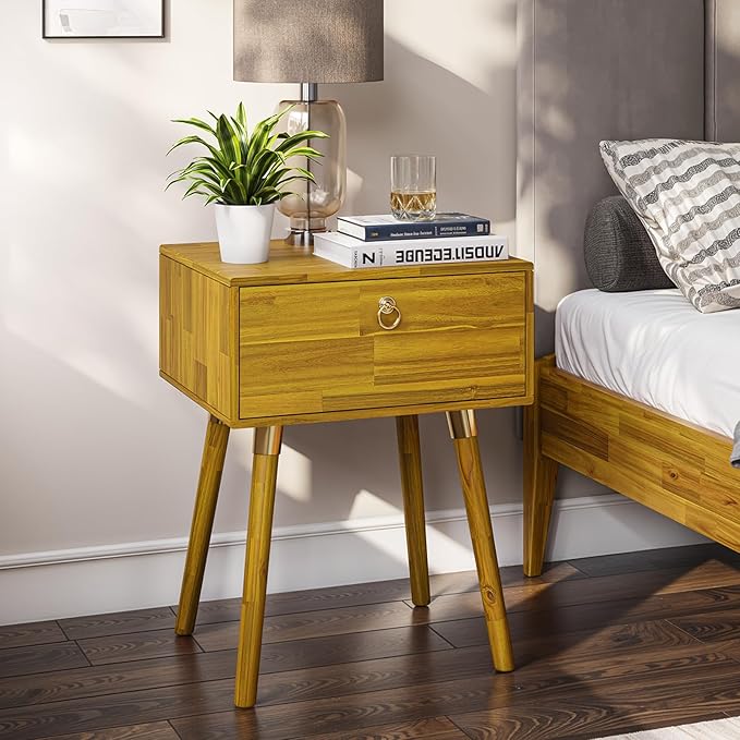 Bme Alden Wood Nightstand, Solid Wood End Table, Mid Century Modern Nightstand, Side Table with 1 Drawer, Compact for Bedroom, Living Room & Study Room, Easy Assembly, Honeyed Wood