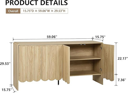 ORRD Sideboard Buffet Cabinet, Accent Storage Cabinets with 4 Doors, Farmhouse Wood Cabinet with Adjustable Shelves and Wave Panel for Living Room, Dining Room, Entry - Natural