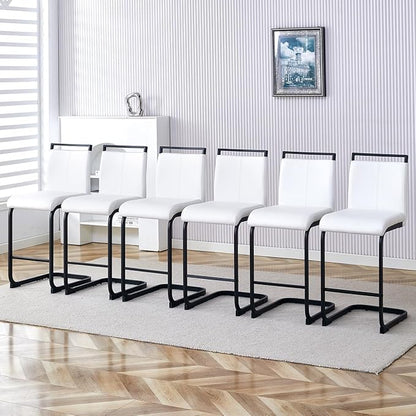 Bar Stools Set of 6,25" Counter Height Bar Stools with Footrest,White Faux Leather Kitchen Stools with Black Painted Metal Leg,White Barstools Ideal for Island Pub Kitchen Counter Dining Chair