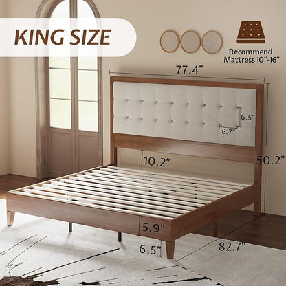Jocisland Wood King Size Bed Frame,Tall Upholstered Tufted Headboard, Solid Wood Platform, No Box Spring Needed, Walnut