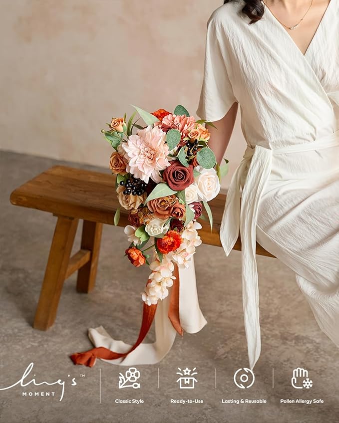 Ling's moment Terracotta Bridal Bouquet Cascading, Orange Wedding Bouquets for Bride, 13 Inch Bride Bouquets for Wedding Artificial Flowers Bouquets