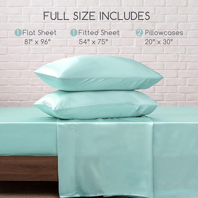 MR&HM Satin Bed Sheets, Full Size Sheets Set, 4 Pcs Silky Bedding Set with 15 Inches Deep Pocket for Mattress (Full, Turquoise)