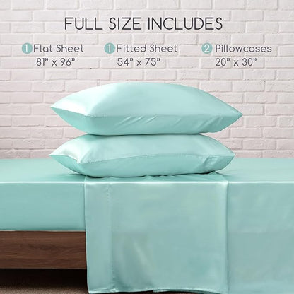 MR&HM Satin Bed Sheets, Full Size Sheets Set, 4 Pcs Silky Bedding Set with 15 Inches Deep Pocket for Mattress (Full, Turquoise)