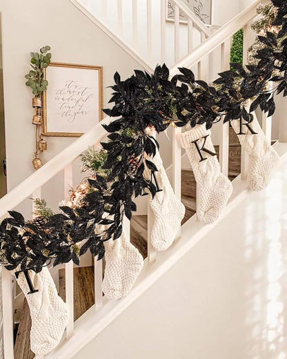 3 Pcs 6FT Christmas Garland Black Glittered Artificial Magnolia Leaves for Mantle Christmas Tree Decorations Indoor Outdoor Hanging Garland Ornaments Garden Door Wall Window Stair Holiday Home Decor