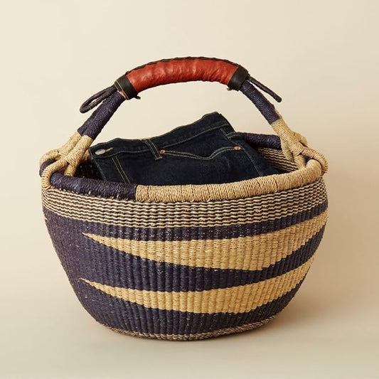 Wide Bohemian Pot Basket Picnic Basket (Navy Natural)
