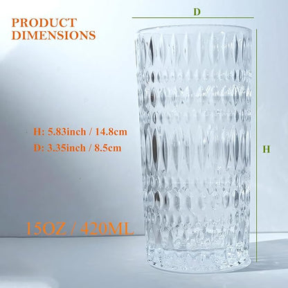 Highball Glasses Set of 4 15oz Vintage Glass Cups Fits Dinner Party - Unique Texture, Dishwasher Safe