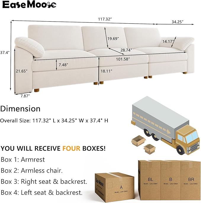 EASE MOOSE Modern 3 Seat Sectional Modular Sofa, FSC Certified Chenille Comfty Deep Seat Couch for Living Room,Solid Wood Frame Sofa, Removable Cover