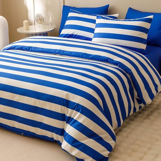 CLOTHKNOW Striped Comforter Set King 3Pcs Blue White Bedding Comforter Sets Blue White Stripes Comforter King All Season Lightweight Bed Set King